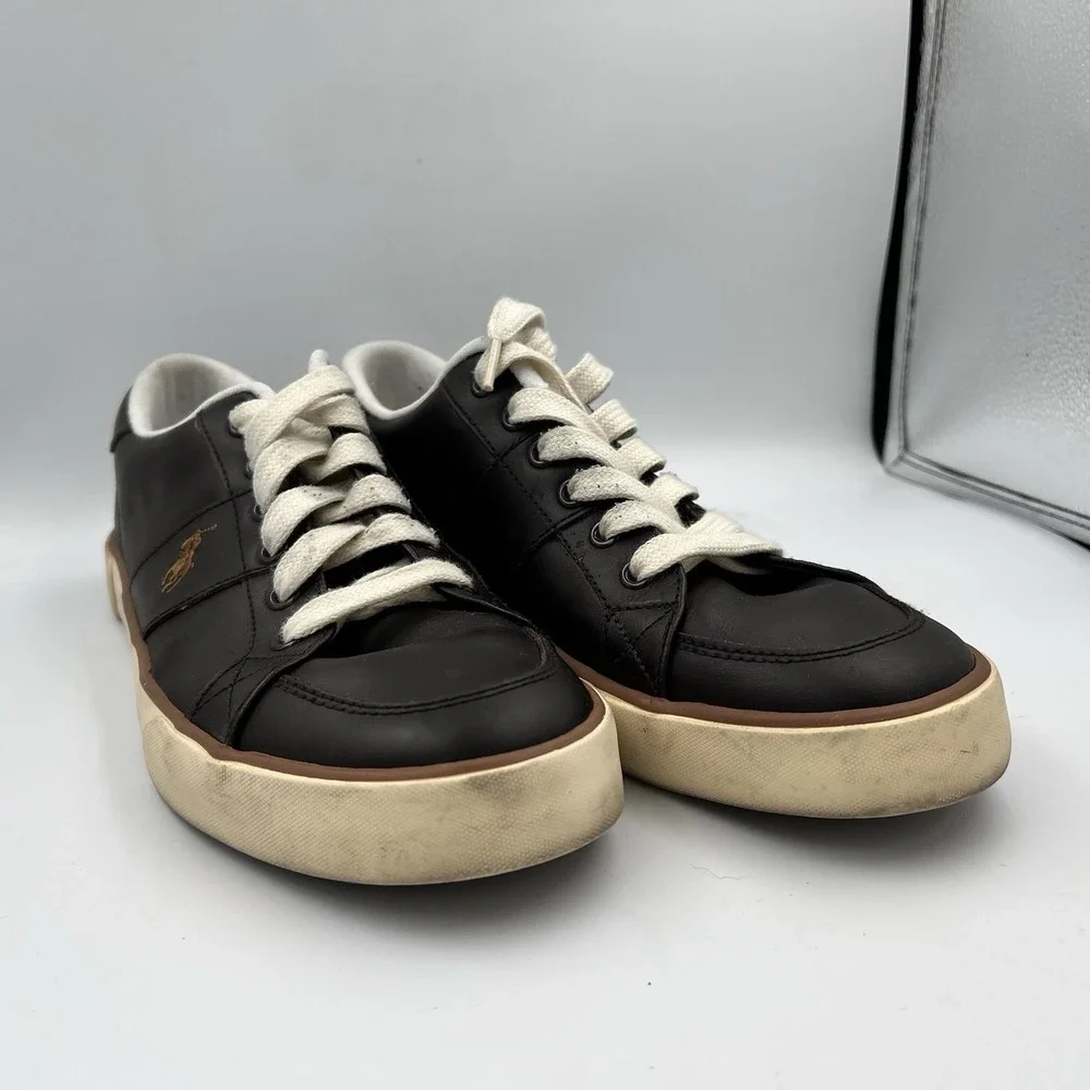 Polo Ralph Lauren Sayer Men's Black/White Leather Low Top Lace-Up Sneakers 10D